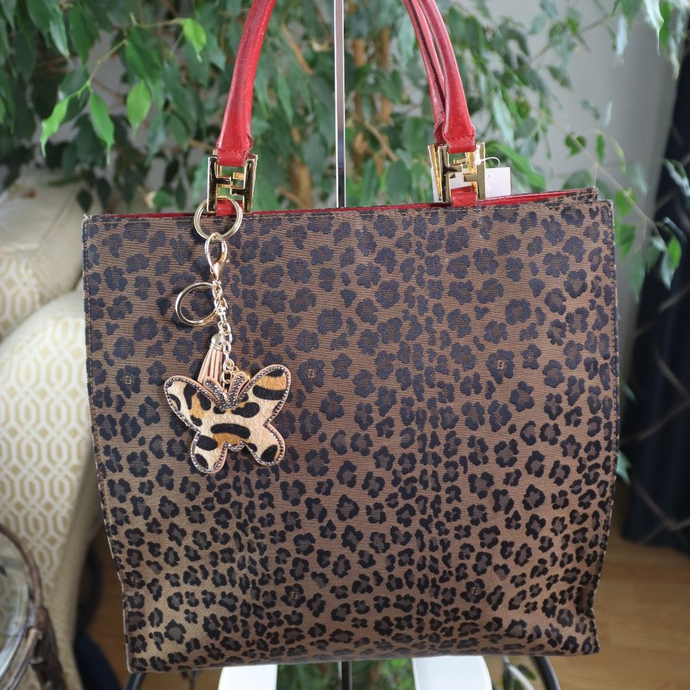 Coa-Fendi Leopard Print Canvas With Red Leather T… - image 1